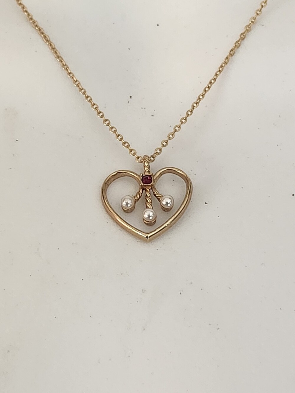 Gold Tone Heart Pendant Necklace with Pearl Drops and Ruby Accent